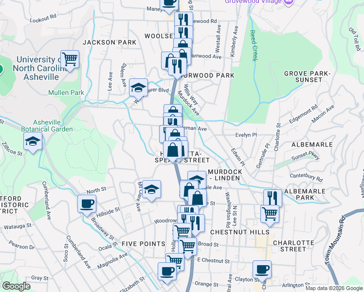 map of restaurants, bars, coffee shops, grocery stores, and more near 42 Austin Avenue in Asheville