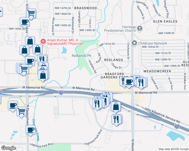 map of restaurants, bars, coffee shops, grocery stores, and more near 1337 Northwest 138th Street in Edmond