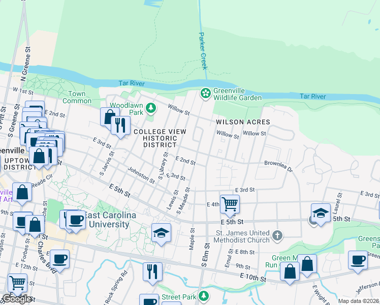 map of restaurants, bars, coffee shops, grocery stores, and more near 1309 East 1st Street in Greenville