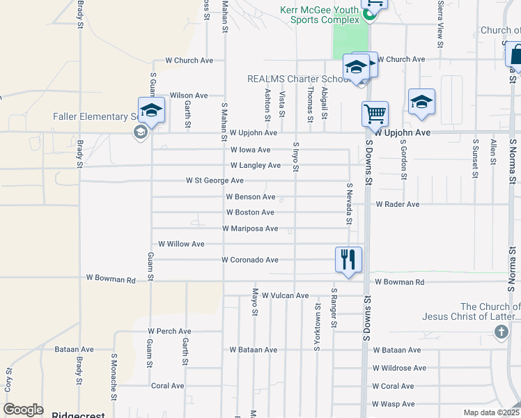 map of restaurants, bars, coffee shops, grocery stores, and more near 1144 West Boston Avenue in Ridgecrest