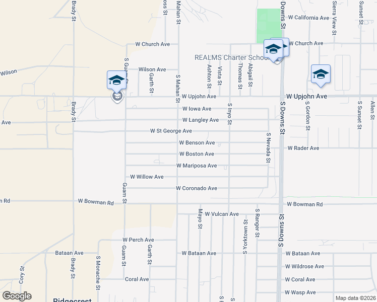 map of restaurants, bars, coffee shops, grocery stores, and more near 1224 W Boston Ave in Ridgecrest
