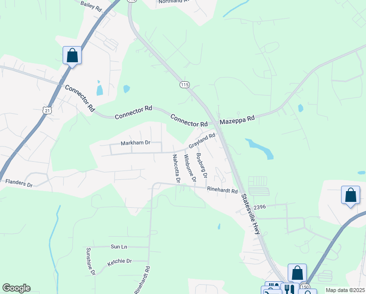 map of restaurants, bars, coffee shops, grocery stores, and more near 154 Grayland Road in Mooresville