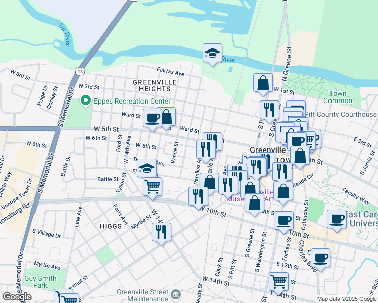 map of restaurants, bars, coffee shops, grocery stores, and more near 505 Contentnea Street in Greenville
