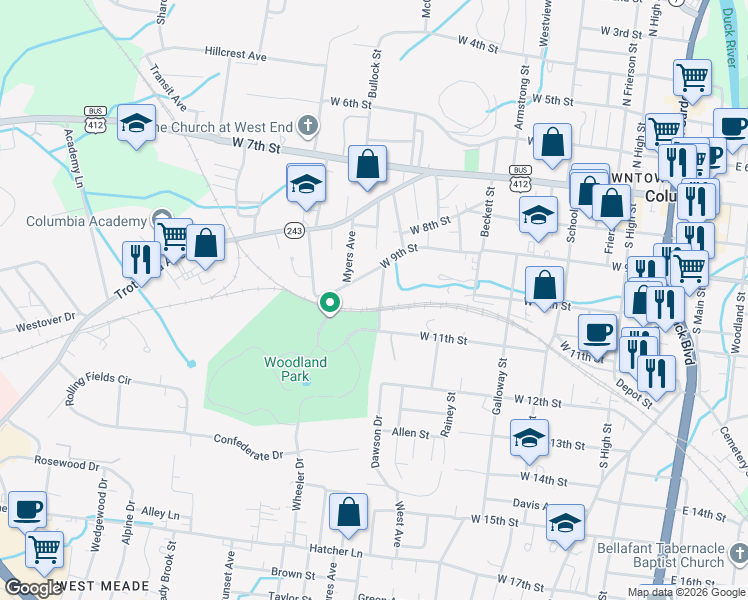 map of restaurants, bars, coffee shops, grocery stores, and more near 1004 Billy Lee Street in Columbia