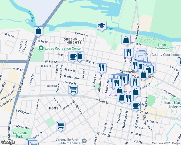 map of restaurants, bars, coffee shops, grocery stores, and more near 505 Contentnea Street in Greenville