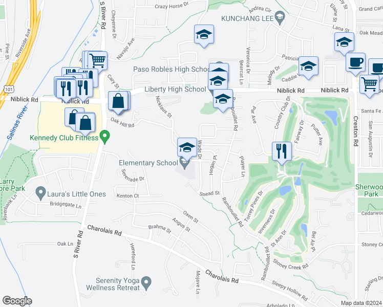 map of restaurants, bars, coffee shops, grocery stores, and more near 675 Nicklaus Street in Paso Robles