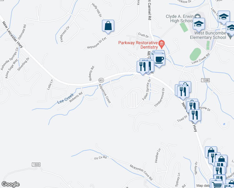 map of restaurants, bars, coffee shops, grocery stores, and more near 30 Village Creek Drive in Asheville