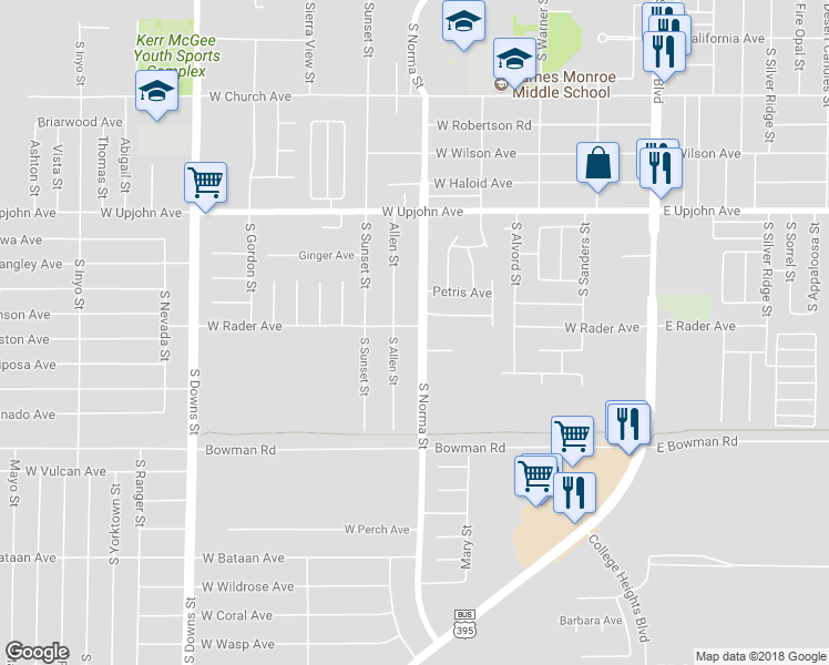 map of restaurants, bars, coffee shops, grocery stores, and more near 501 West Rader Avenue in Ridgecrest