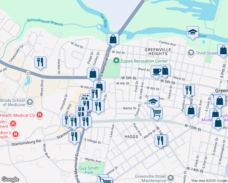 map of restaurants, bars, coffee shops, grocery stores, and more near 608 Bancroft Avenue in Greenville