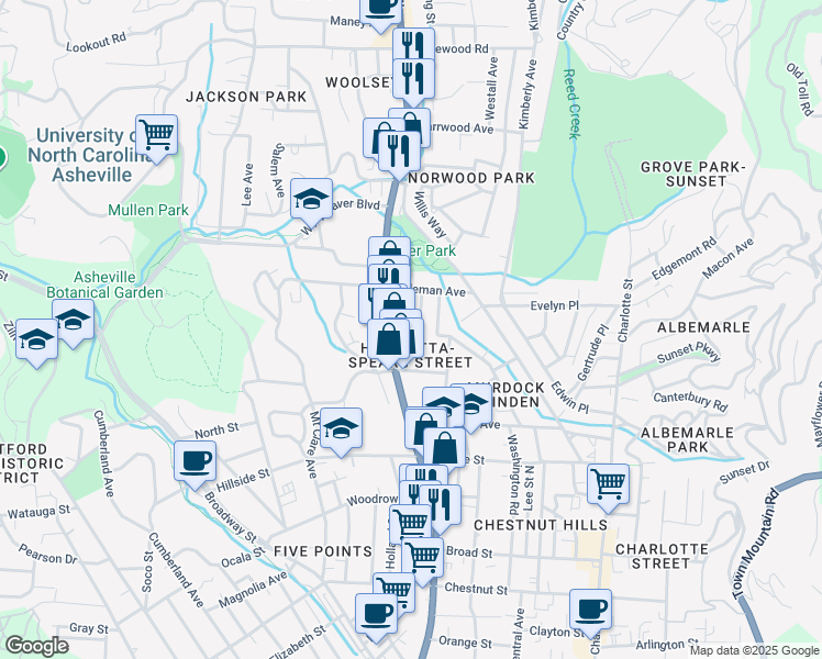 map of restaurants, bars, coffee shops, grocery stores, and more near 42 Austin Avenue in Asheville