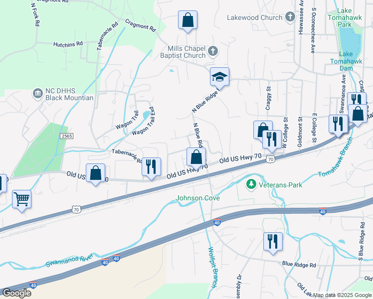 map of restaurants, bars, coffee shops, grocery stores, and more near Taylor Street in Black Mountain
