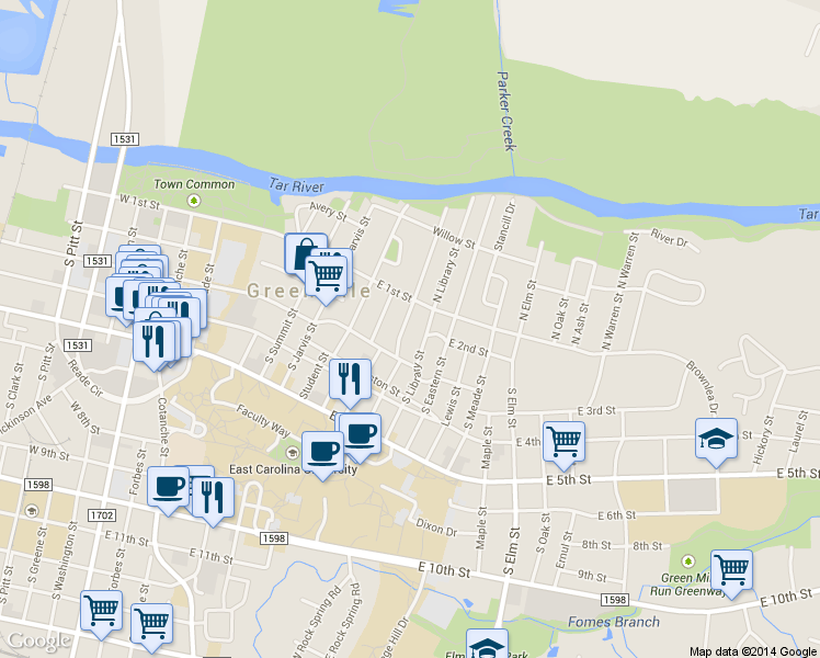 map of restaurants, bars, coffee shops, grocery stores, and more near 111 South Harding Street in Greenville