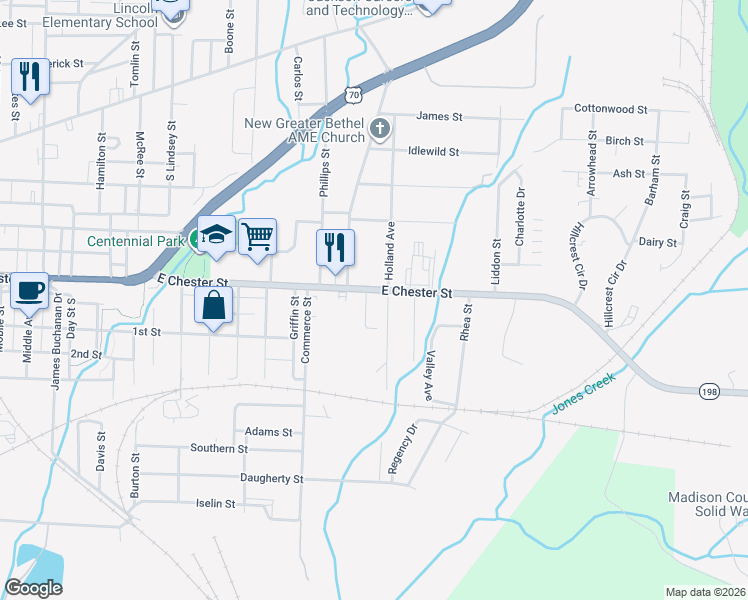 map of restaurants, bars, coffee shops, grocery stores, and more near 1410 East Chester Street in Jackson