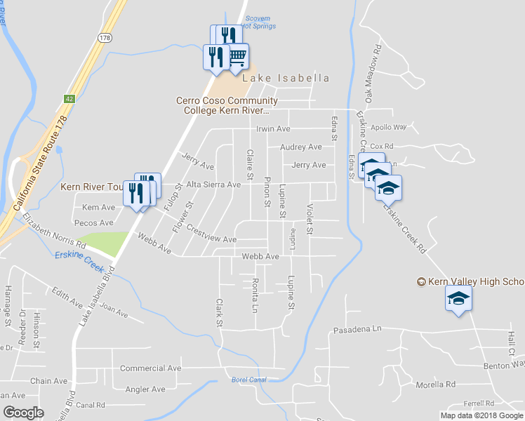map of restaurants, bars, coffee shops, grocery stores, and more near 2621 Pinon Street in Lake Isabella
