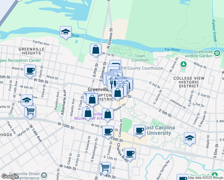 map of restaurants, bars, coffee shops, grocery stores, and more near 418 Evans Street in Greenville