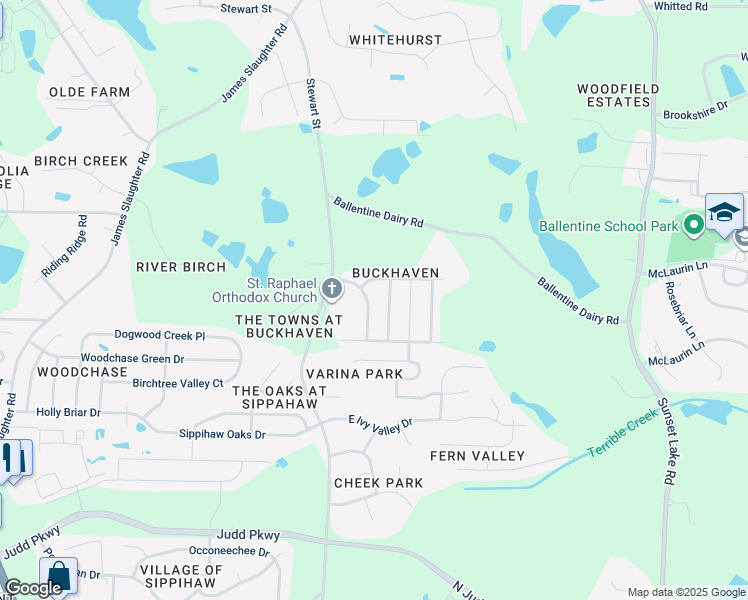 map of restaurants, bars, coffee shops, grocery stores, and more near 2108 Woodwater Drive in Fuquay-Varina