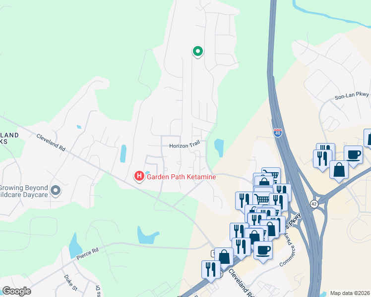map of restaurants, bars, coffee shops, grocery stores, and more near 138 Horizon Trail in Garner