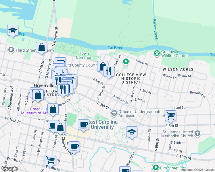 map of restaurants, bars, coffee shops, grocery stores, and more near 704 East 3rd Street in Greenville
