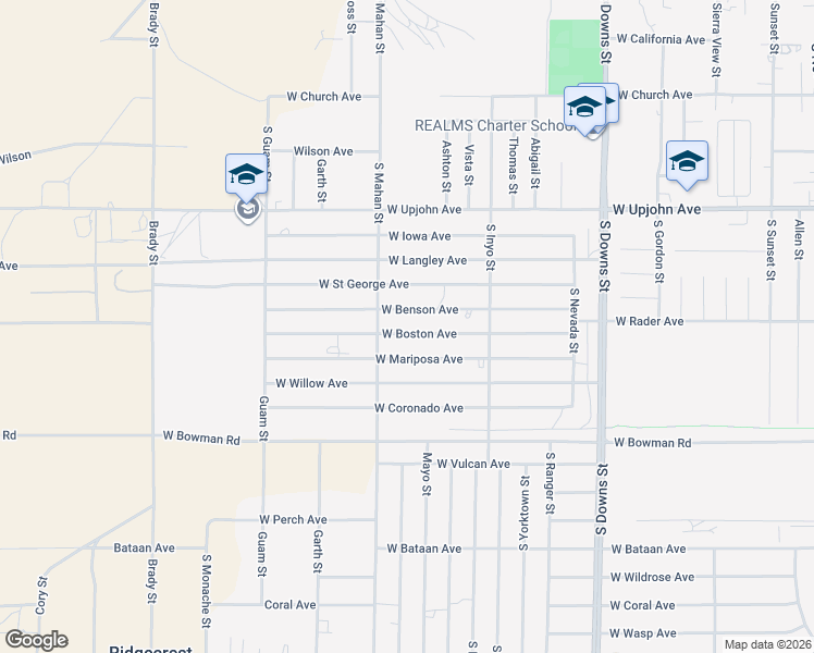 map of restaurants, bars, coffee shops, grocery stores, and more near 1224 West Boston Avenue in Ridgecrest