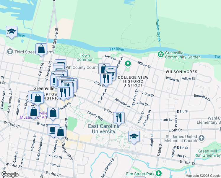 map of restaurants, bars, coffee shops, grocery stores, and more near 704 East 3rd Street in Greenville