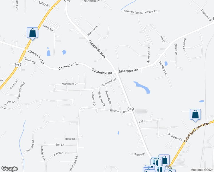 map of restaurants, bars, coffee shops, grocery stores, and more near 133 Grayland Road in Mooresville