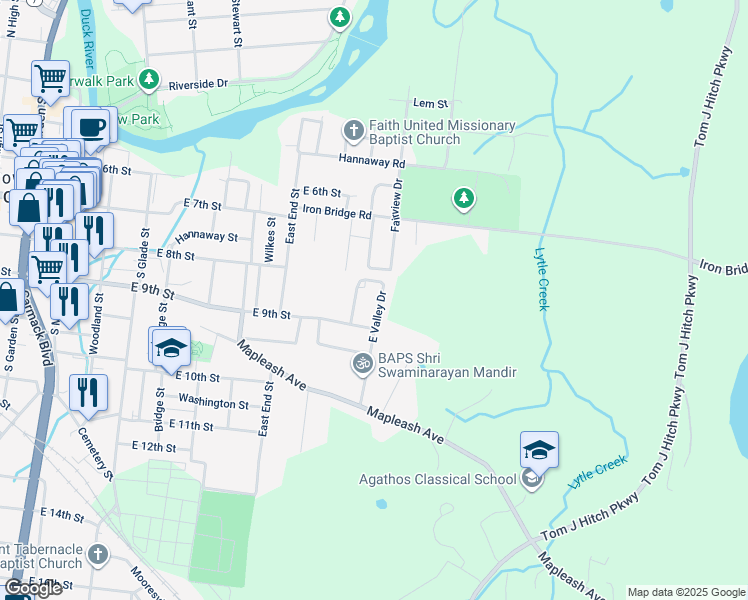 map of restaurants, bars, coffee shops, grocery stores, and more near 906 East Valley Drive in Columbia