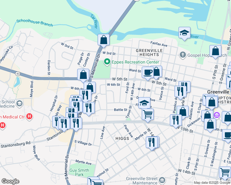 map of restaurants, bars, coffee shops, grocery stores, and more near 716 Vanderbilt Lane in Greenville