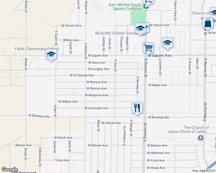 map of restaurants, bars, coffee shops, grocery stores, and more near 1120 West Boston Avenue in Ridgecrest