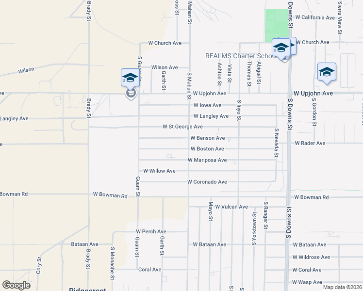 map of restaurants, bars, coffee shops, grocery stores, and more near 1308 West Boston Avenue in Ridgecrest