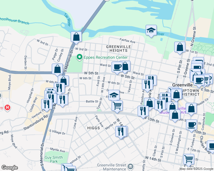 map of restaurants, bars, coffee shops, grocery stores, and more near 606 Sheppard Street in Greenville