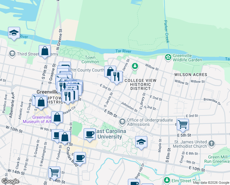 map of restaurants, bars, coffee shops, grocery stores, and more near 704 East 3rd Street in Greenville