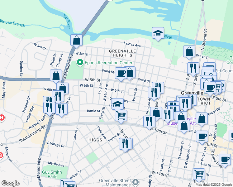 map of restaurants, bars, coffee shops, grocery stores, and more near 604 McKinley Avenue in Greenville
