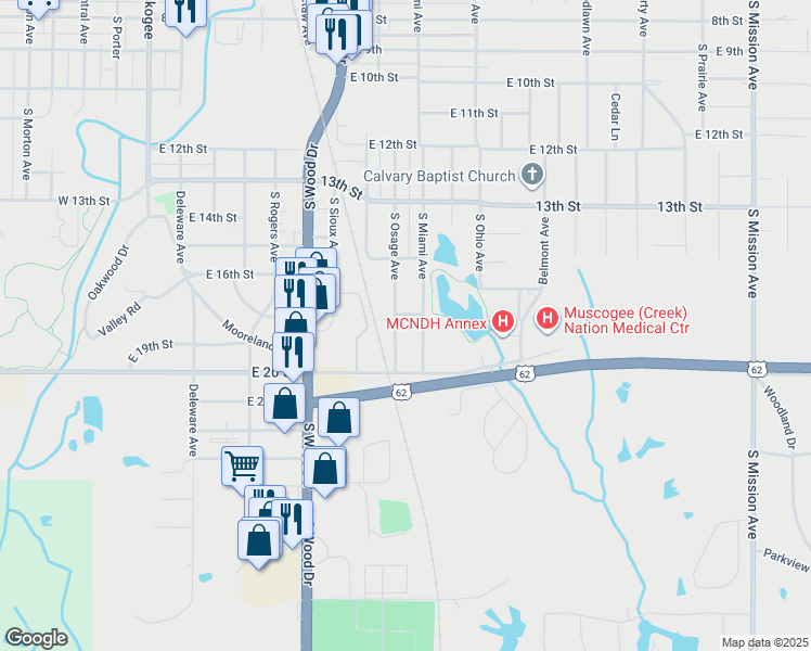 map of restaurants, bars, coffee shops, grocery stores, and more near 1205 South Osage Avenue in Okmulgee