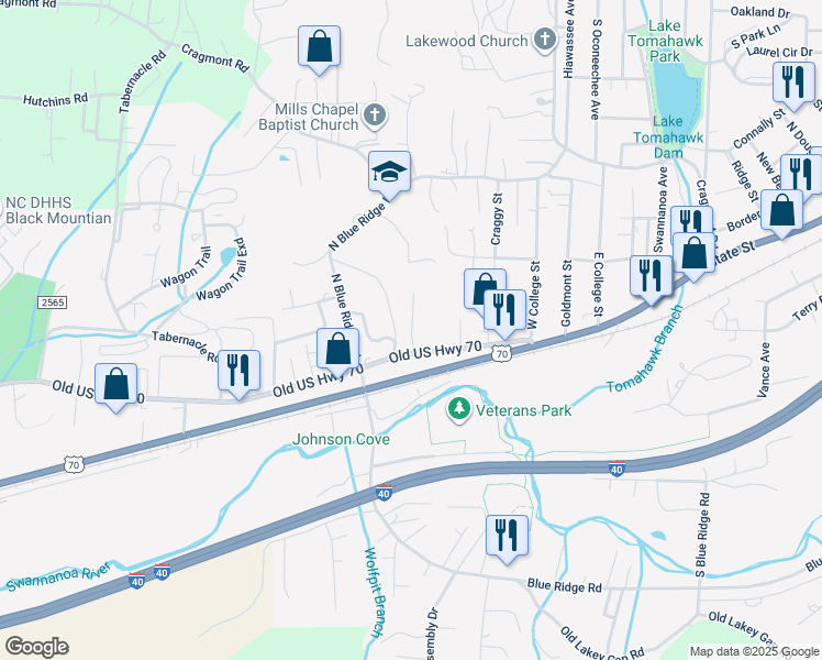 map of restaurants, bars, coffee shops, grocery stores, and more near 112 Owenby Ln in Black Mountain