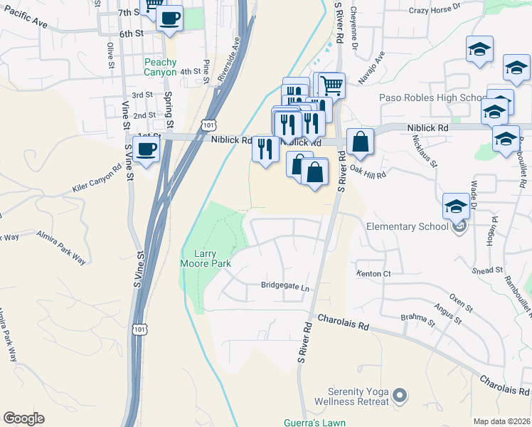 map of restaurants, bars, coffee shops, grocery stores, and more near 171 Edgewater Lane in Paso Robles