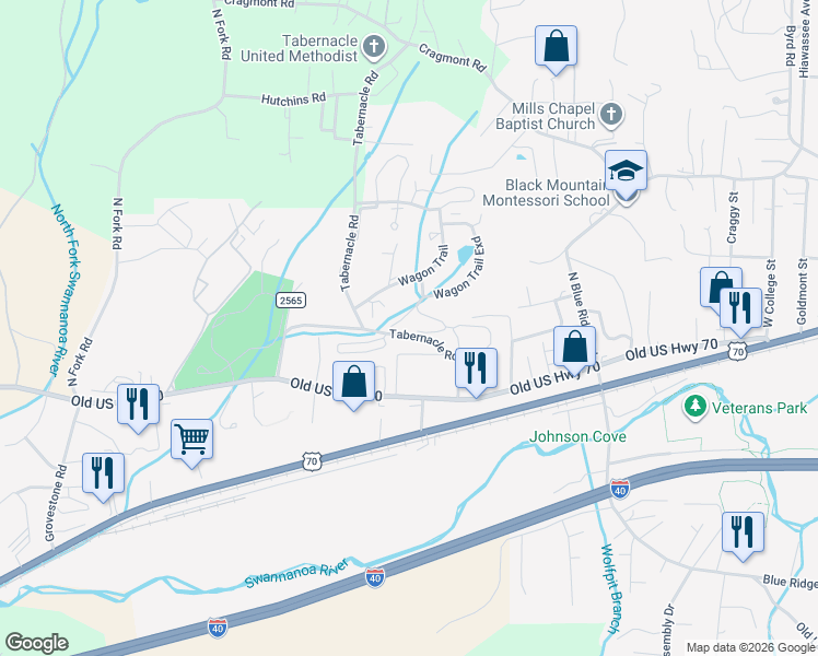 map of restaurants, bars, coffee shops, grocery stores, and more near 85 Wagon Trail in Black Mountain