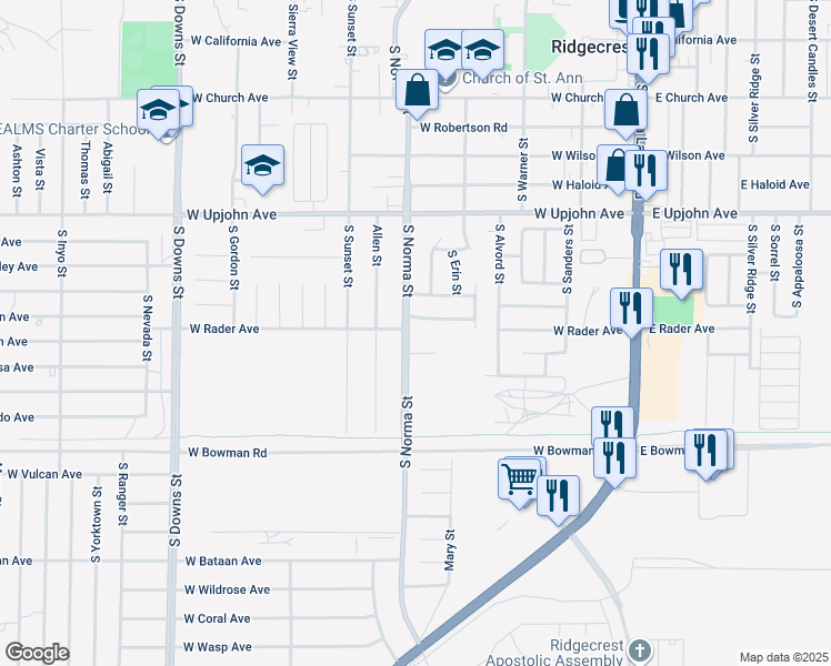 map of restaurants, bars, coffee shops, grocery stores, and more near in Ridgecrest