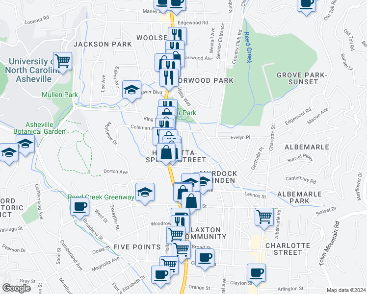 map of restaurants, bars, coffee shops, grocery stores, and more near 42 Austin Avenue in Asheville