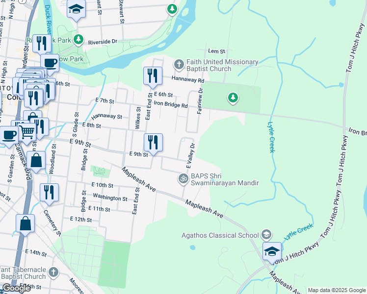 map of restaurants, bars, coffee shops, grocery stores, and more near 906 East Valley Drive in Columbia