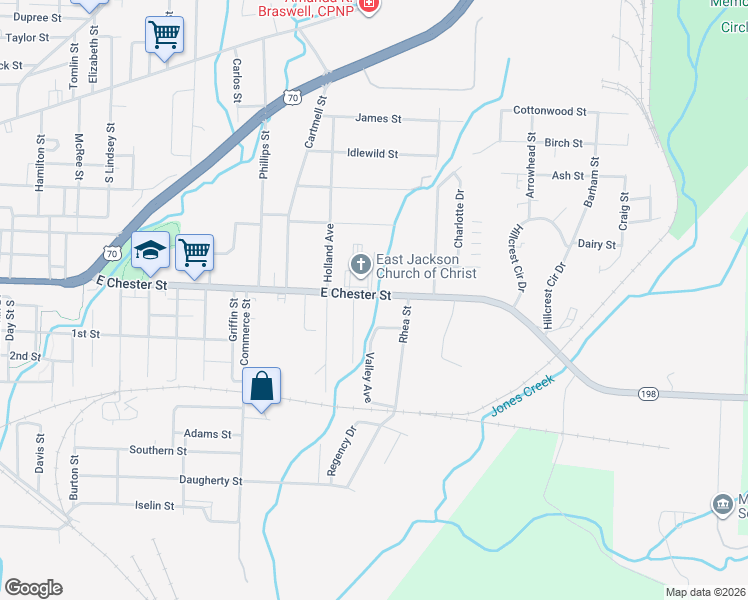 map of restaurants, bars, coffee shops, grocery stores, and more near 1488 East Chester Street in Jackson