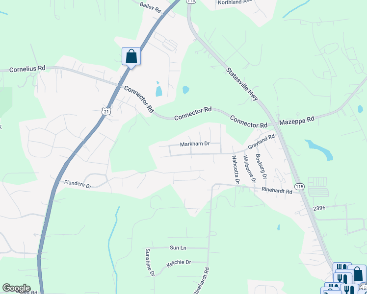 map of restaurants, bars, coffee shops, grocery stores, and more near 161 Markham Drive in Mooresville