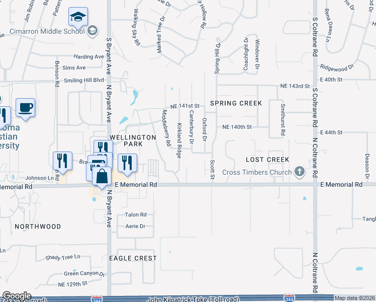 map of restaurants, bars, coffee shops, grocery stores, and more near 13809 Canterbury Drive in Edmond
