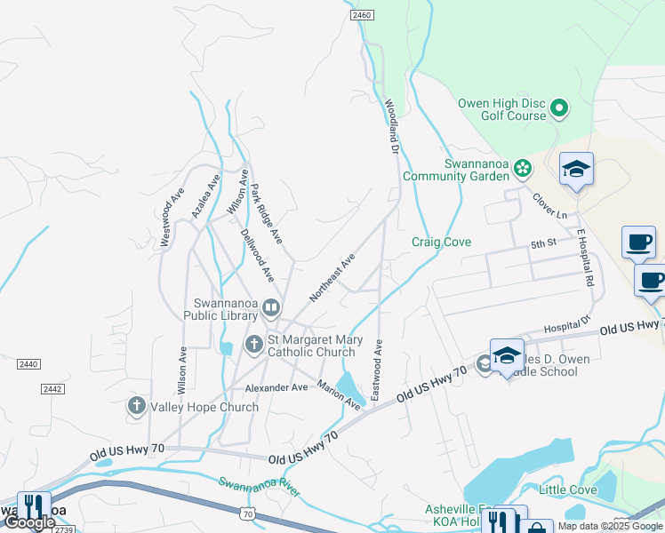 map of restaurants, bars, coffee shops, grocery stores, and more near 299 Northeast Avenue in Swannanoa