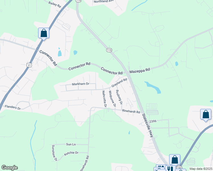 map of restaurants, bars, coffee shops, grocery stores, and more near 154 Grayland Road in Mooresville