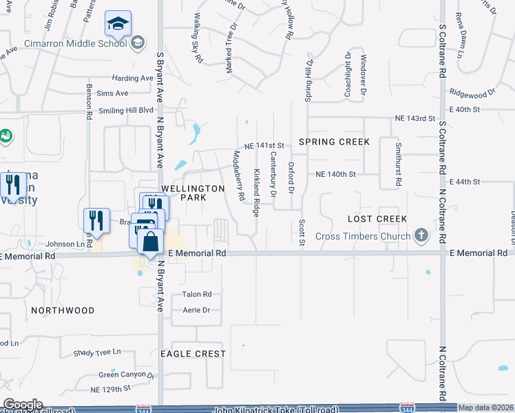 map of restaurants, bars, coffee shops, grocery stores, and more near 3304 Northeast 138th Street in Edmond