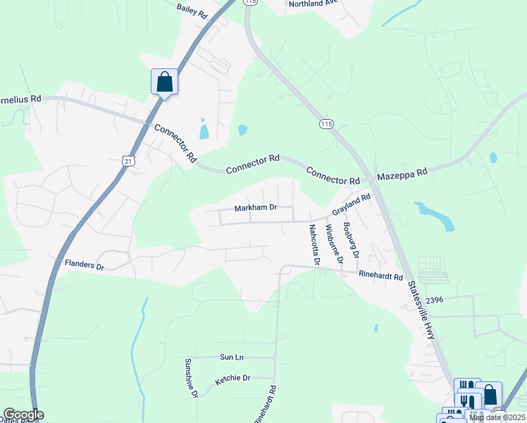 map of restaurants, bars, coffee shops, grocery stores, and more near 135 Markham Drive in Mooresville