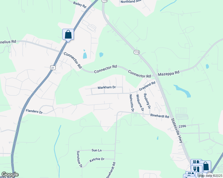 map of restaurants, bars, coffee shops, grocery stores, and more near 131 Markham Drive in Mooresville