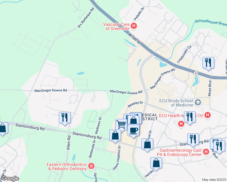 map of restaurants, bars, coffee shops, grocery stores, and more near 2414 MacGregor Downs Road in Greenville