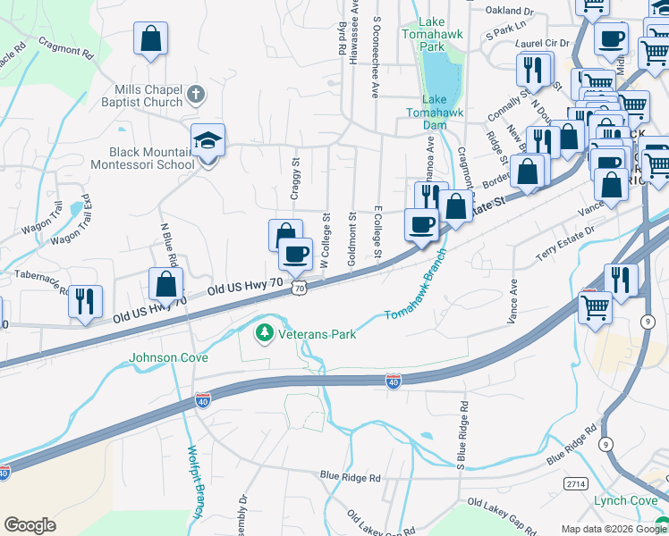 map of restaurants, bars, coffee shops, grocery stores, and more near in Black Mountain