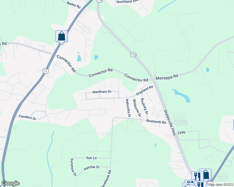 map of restaurants, bars, coffee shops, grocery stores, and more near 103 Markham Drive in Mooresville